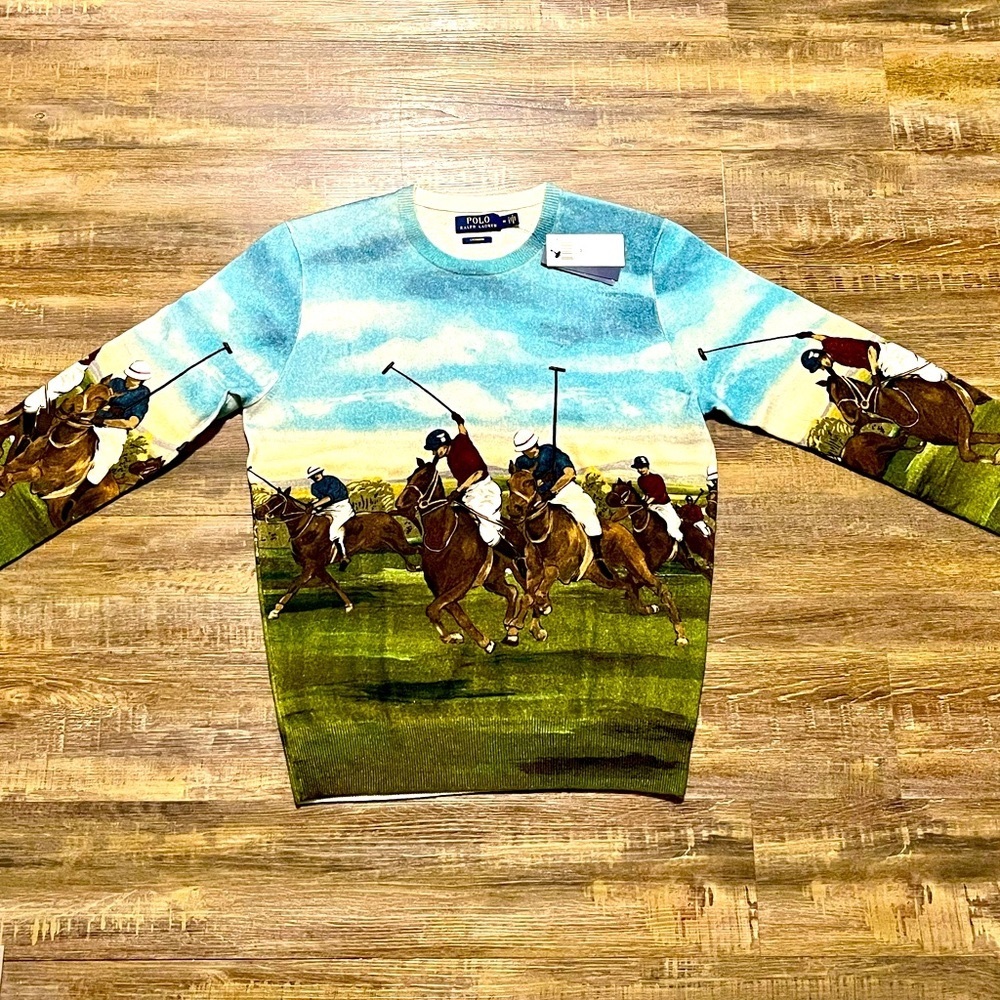 Polo Ralph Lauren Equestrian Graphic Print Polo Match 100% Cashmere Sweater Rare - Picture 1 of 8
